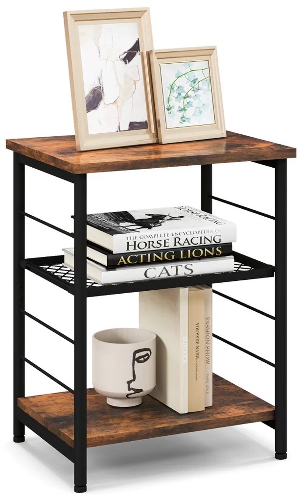 Mesa apoio industrial de 3 níveis, estrutura metálica, mesa de madeira, mesa lateral para quarto e sala, 38,5 x 30 x 50 cm Castanho Rústico