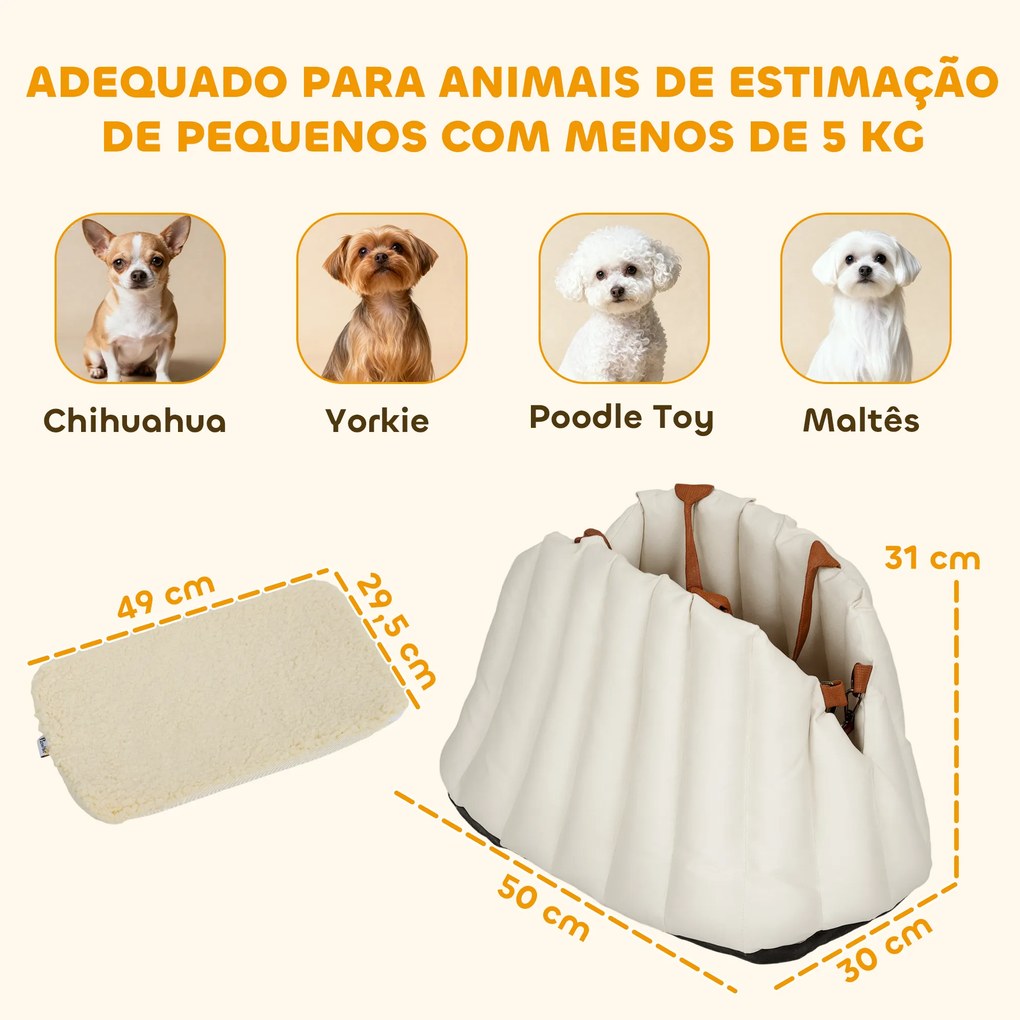 Assento de Carro para Cães Pequenos de até 5 kg com Cinto de Segurança e Capa Removível e Lavável 50x30x31 cm Creme