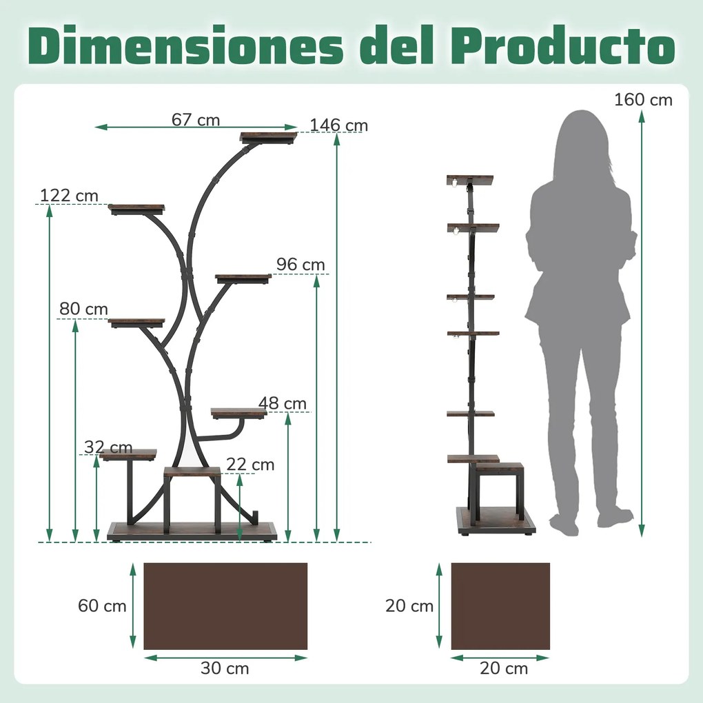 Conjunto de 2 suportes de 8 níveis para plantas, com luzes ajustáveis e temporizador, para varanda – 67 x 30 x 146 cm, castanho e preto