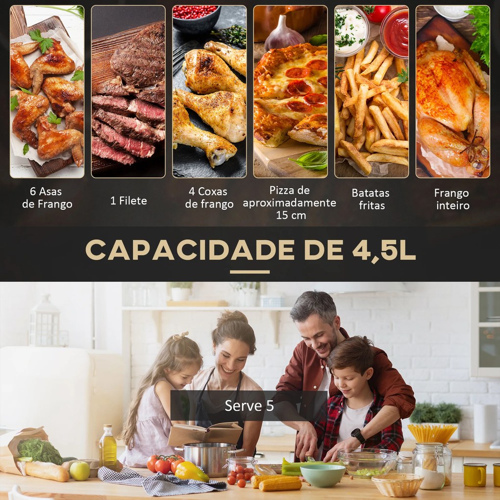 HOMCOM Fritadeira sem Óleo 3L Fritadeira de Ar Quente 1300W com 12 Programas Tela LED Tátil Temporizador Temperatura Ajustável e Cesta Antiaderente 29,5x23,8x30,3cm Preto