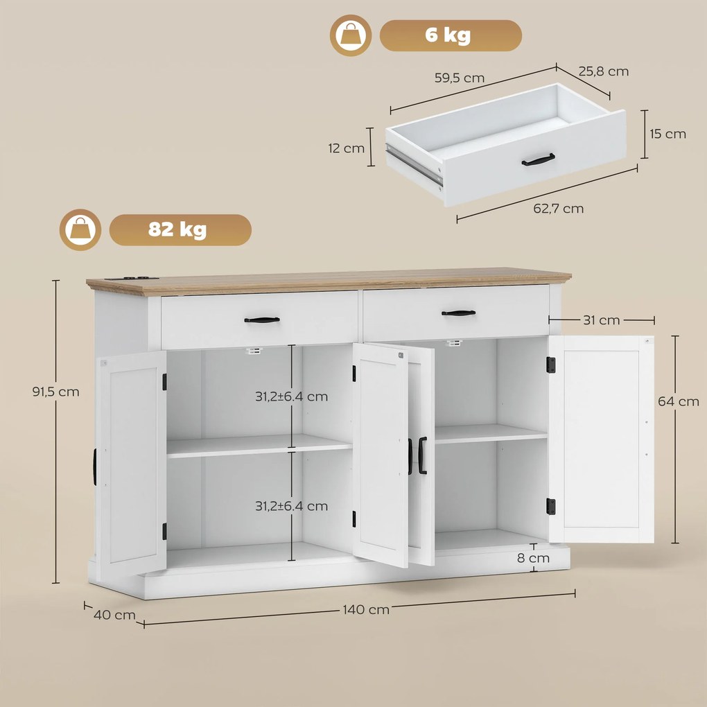 Aparador, móvel cozinha 140 x 40 x 91,5 cm com porta USB e tomada múltipla, com 2 armários com portas de estilo rústico, 2 gavetas e prateleiras ajust