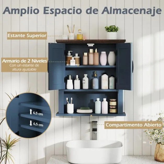 Armário de parede casa de banho, sala, cozinha ou entrada 55 x 19 x 60 cm com portas em estilo rústico, prateleira ajustável e compartimento aberto Az