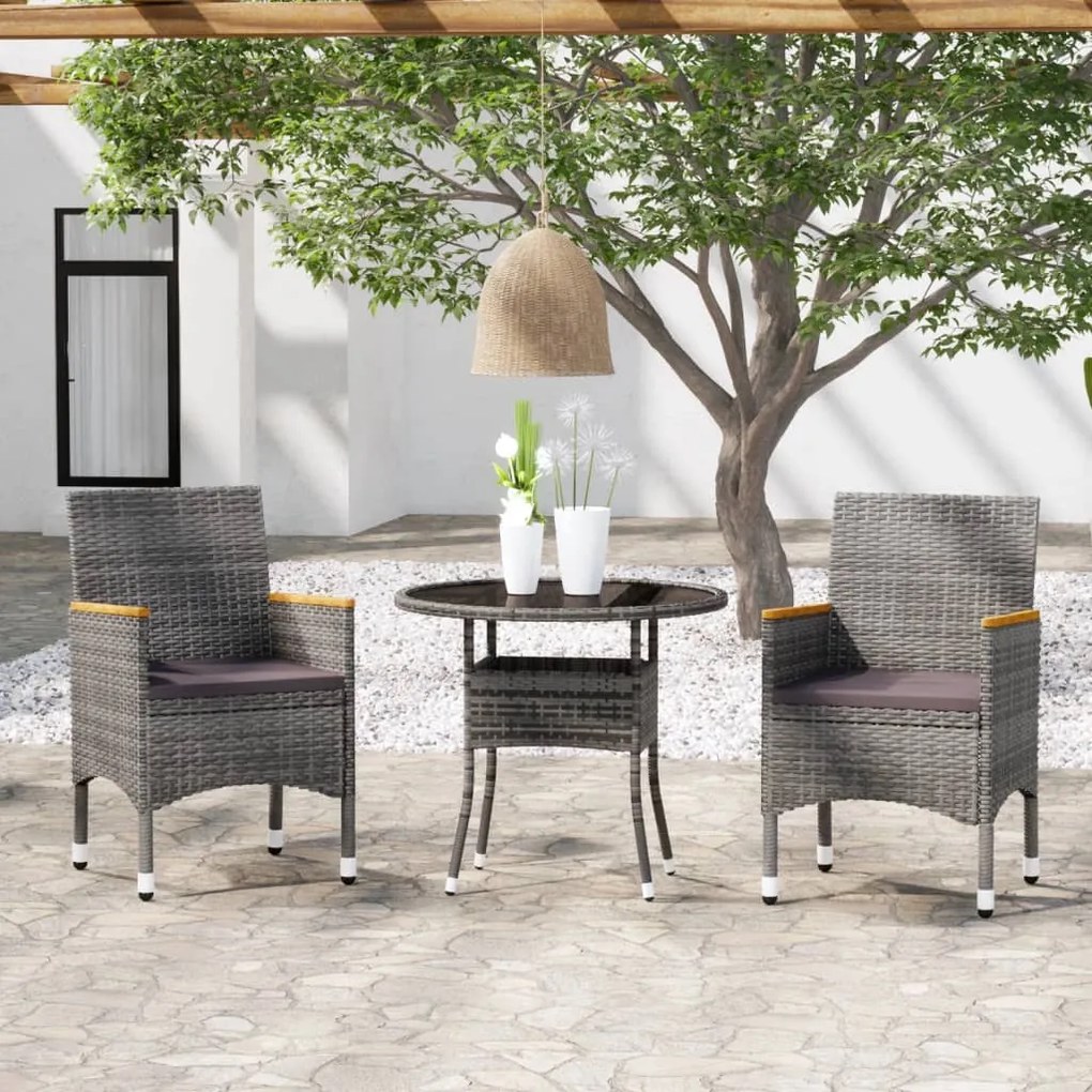 3 pcs conjunto de jantar para jardim vime PE cinzento
