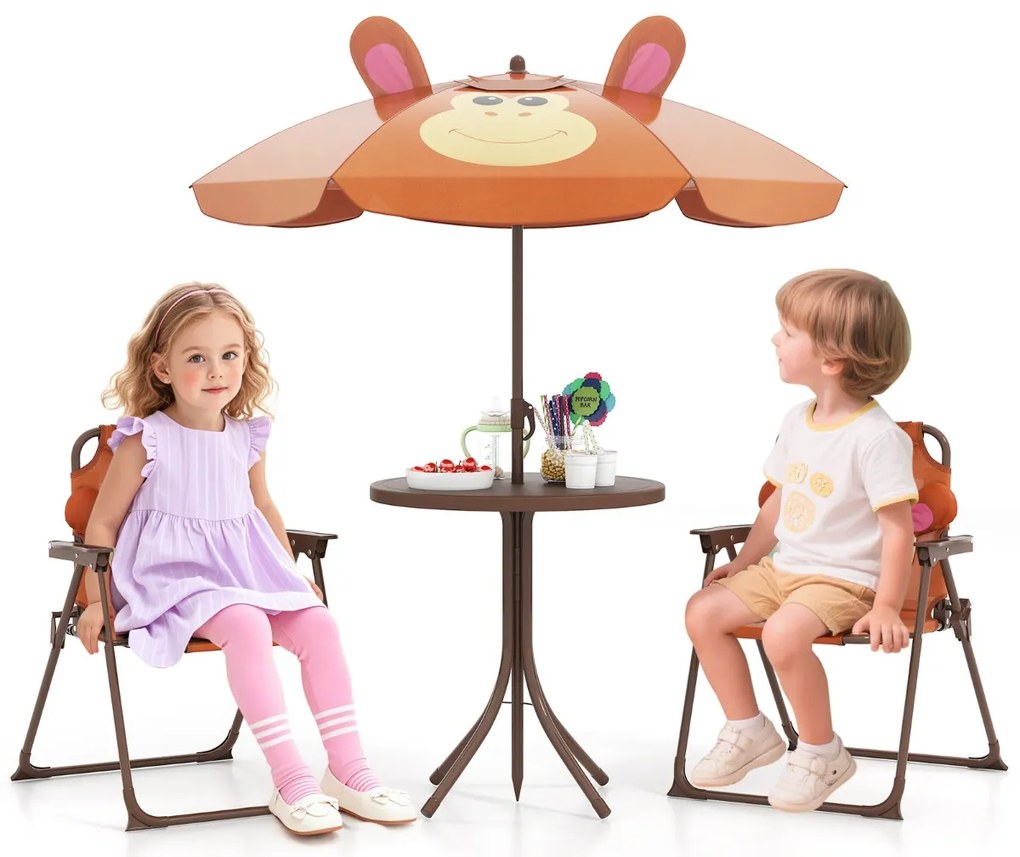 Conjunto de piquenique para crianças 3-6 anos Mesa de atividades ao ar livre com 2 cadeiras dobráveis e guarda-sol ajustável em altura Castanho