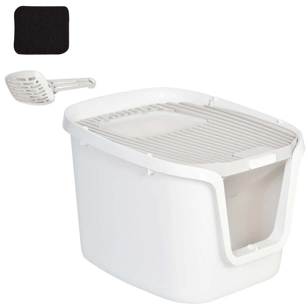 PawHut Caixa de areia para gatos com porta dupla Caixa desodorizante de carvão ativado Pá Equipada Amplo espaço 55,5x44,5x38,3 cm cinza branco