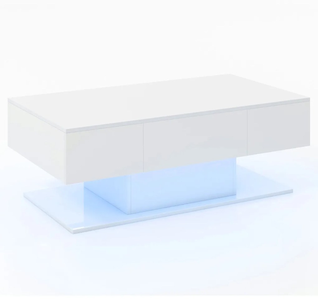 Mesa de centro LED moderna de 2 níveis com 20 luzes LED coloridas 2 gavetas para arrumação retangular 110 x 60 x 40 cm Branca