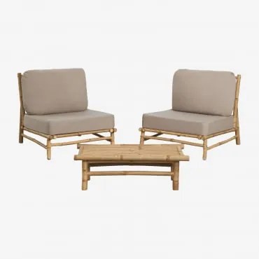 Conjunto De Jardim Com 2 Poltronas E Mesa Auxiliar Retangular 75x40 Cm Em Bambu Isendra Tecido Castanho Moca - Sklum