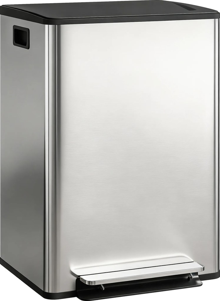 Caixote do lixo com dois compartimentos de 2 x 30 L, caixote do lixo de cozinha com pedal, tampa com fecho suave, 47,5 x 37,5 x 67 cm, prateado