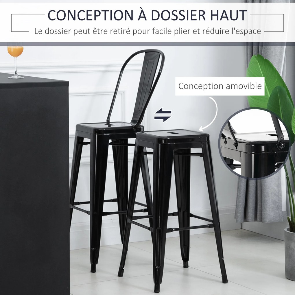 Conjunto de 4 bancos de bar empilháveis, estilo industrial, com encosto e apoio para os pés, altura do assento de 76 cm, em metal preto