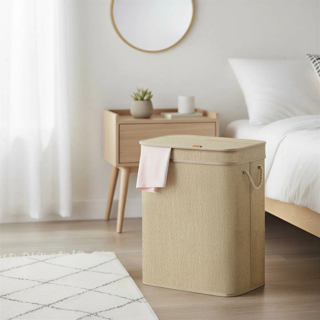 Cesto para roupa suja em bambu 90 L, saco para roupa suja removível e lavável, 49 x 33 x 61 cm natural