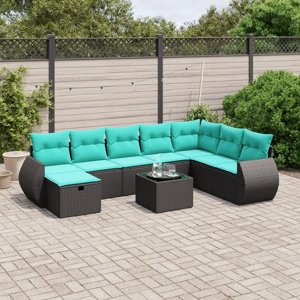 vidaXL 9 pcs conjunto de sofás p/ jardim c/ almofadões vime PE preto