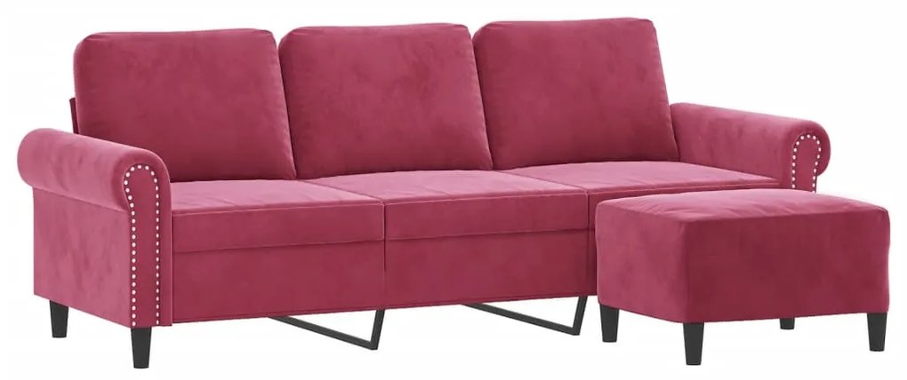 Sofá de 3 lugares com apoio de pés 180 cm veludo vermelho tinto