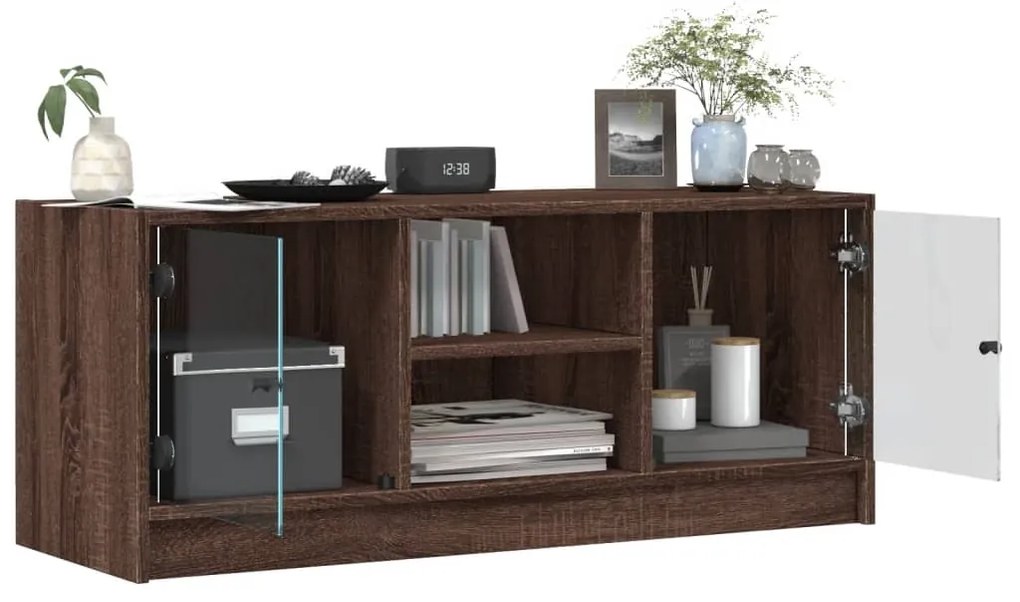 Móvel de TV c/ portas de vidro 102x37x42 cm carvalho castanho