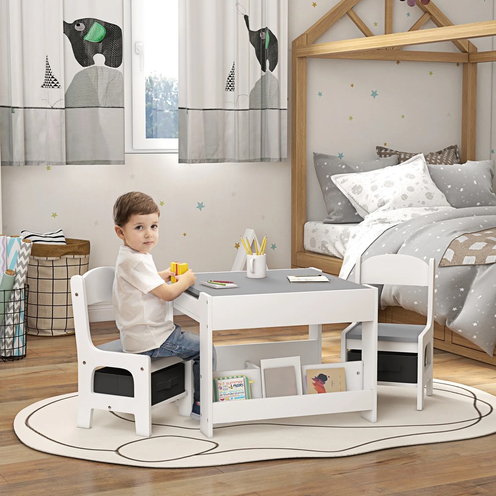 Conjunto de Mesa e 2 Cadeiras Infantis 2 em 1 com Ardósia Gavetas de Tecido e Espaço de Armazenamento para Quarto Cinza