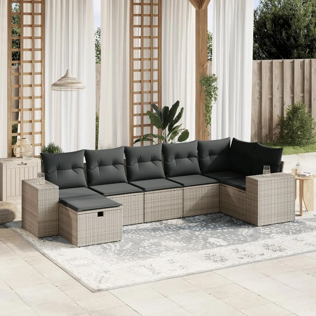 vidaXL 7 pcs conjunto sofás p/ jardim c/ almofadões vime PE cinzento