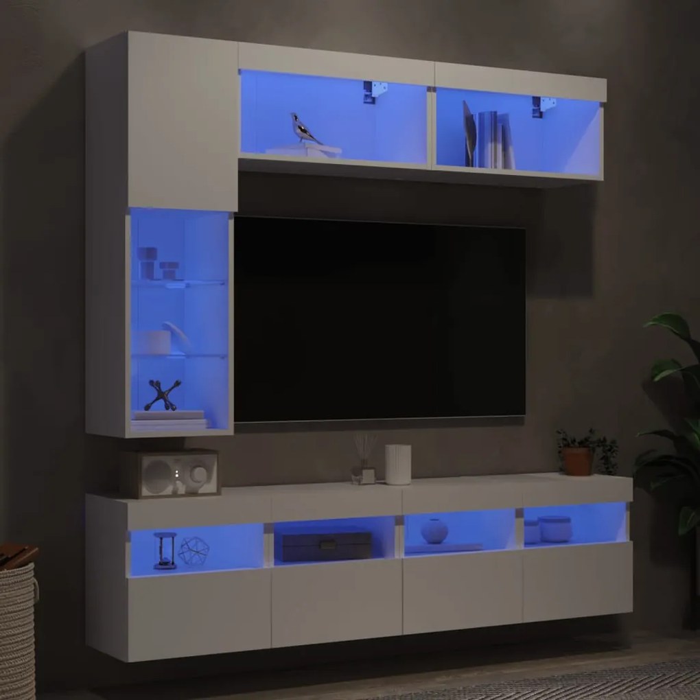 vidaXL 7 pcs conjunto de móveis de parede para TV com luzes LED branco