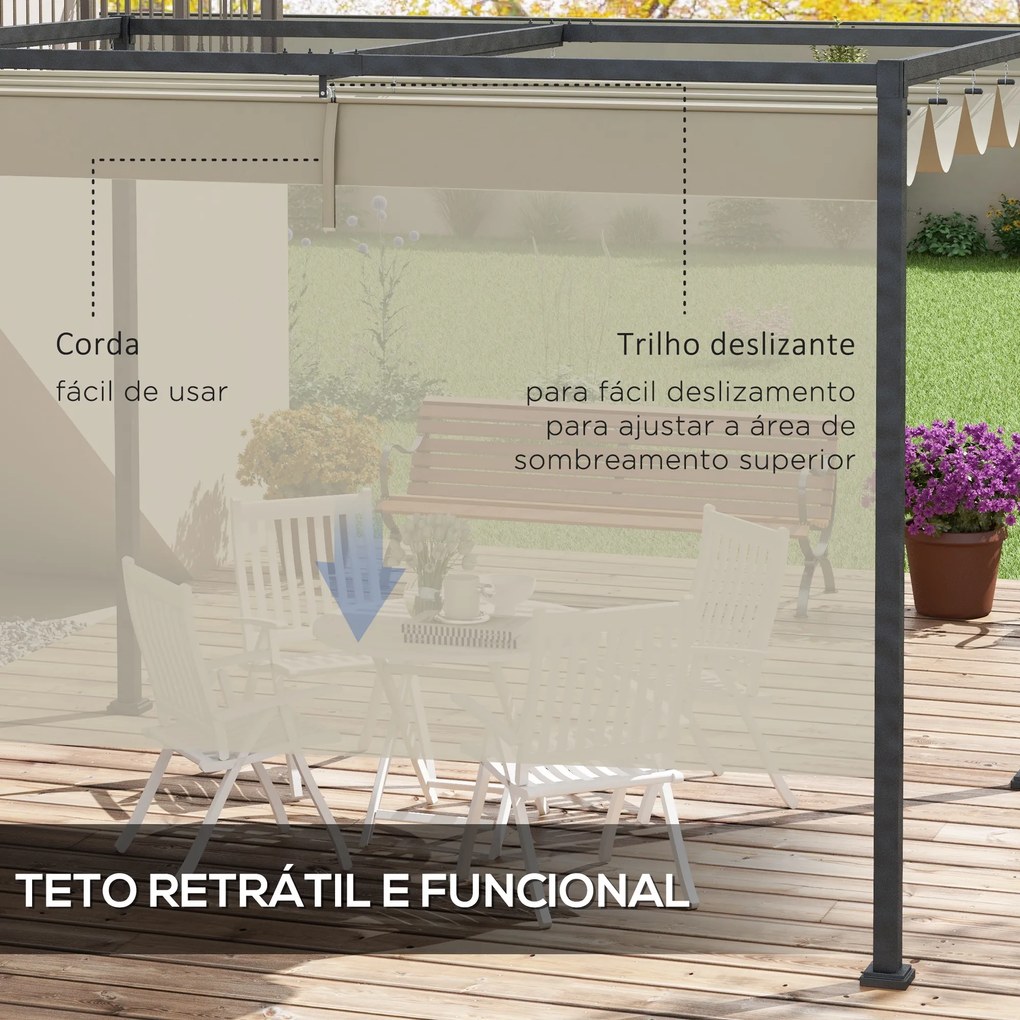 Pérgola 298x213x221 cm Pérgola de Jardim com Teto Retrátil de Poliéster com Revestimento Creme