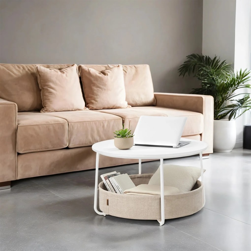 Mesa de centro 75 cm de diâmetro com cesto em tecido branco mate e castanho-camel