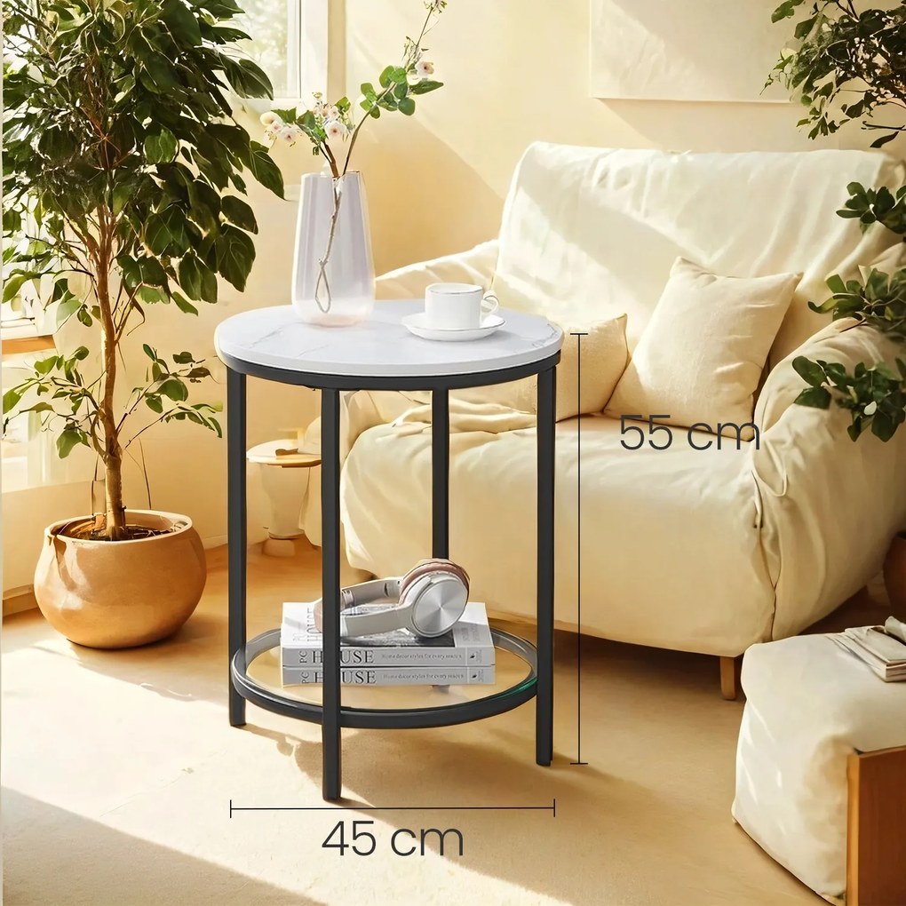 Mesa auxiliar de 2 níveis 45 x 55 cm (Ø x A) em efeito mármore branco com estrutura preta
