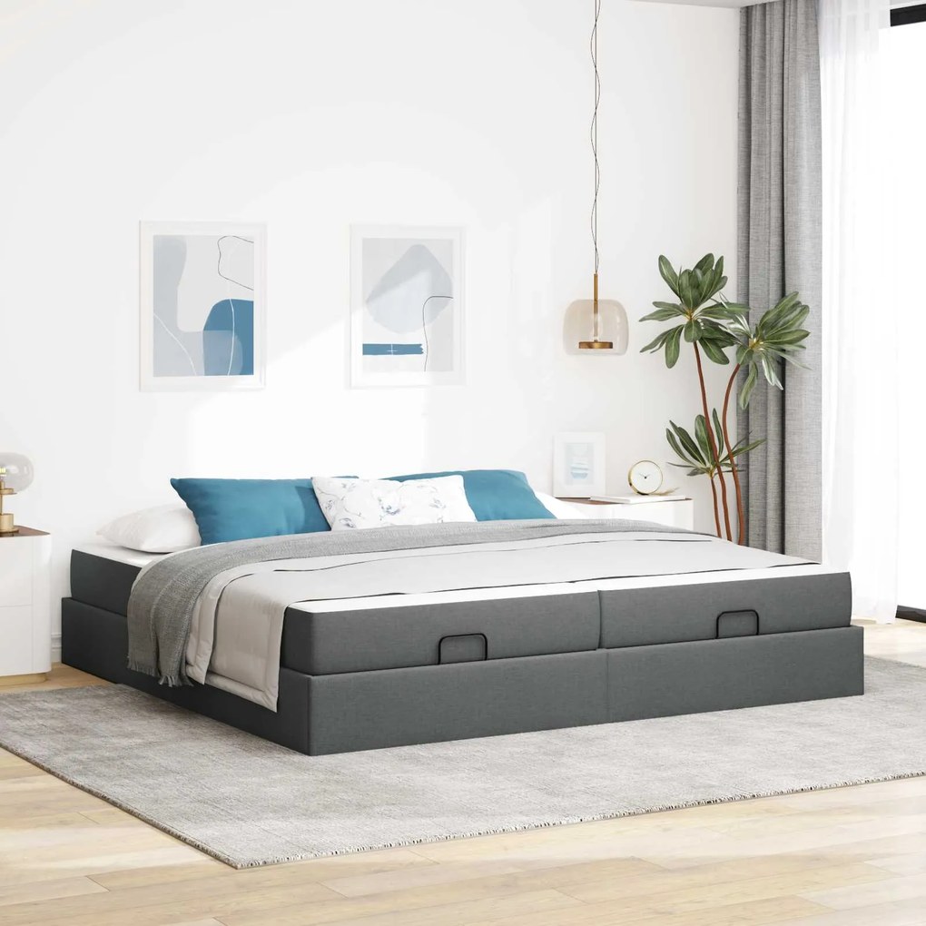 vidaXL Estrutura de cama com colchão 2 pcs Cinza Escuro tecido