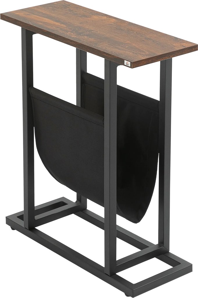 HOMCOM Mesa de apoio lateral com porta-revistas estrutura em aço design industrial 49 x 19 x 55 cm preto castanho escuro | Aosom Portugal