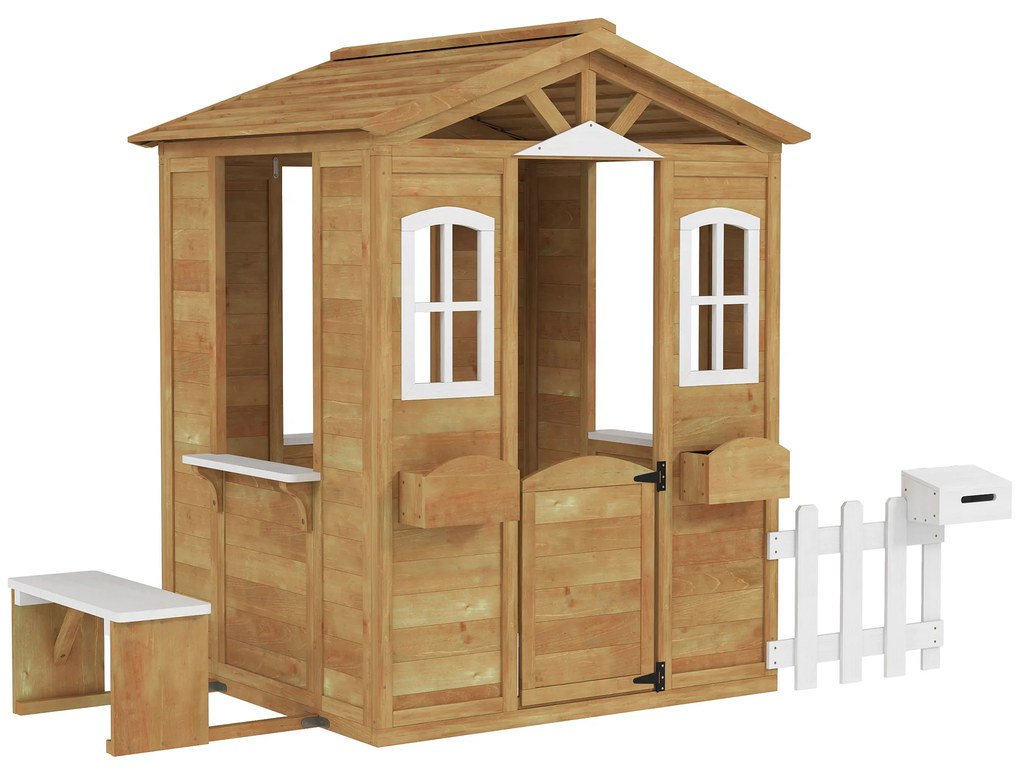 Outsunny Casa de Madeira para Crianças com Caixa de Correios Banco e Floreira 205x119x140 cm Madeira e Branco | Aosom Portugal