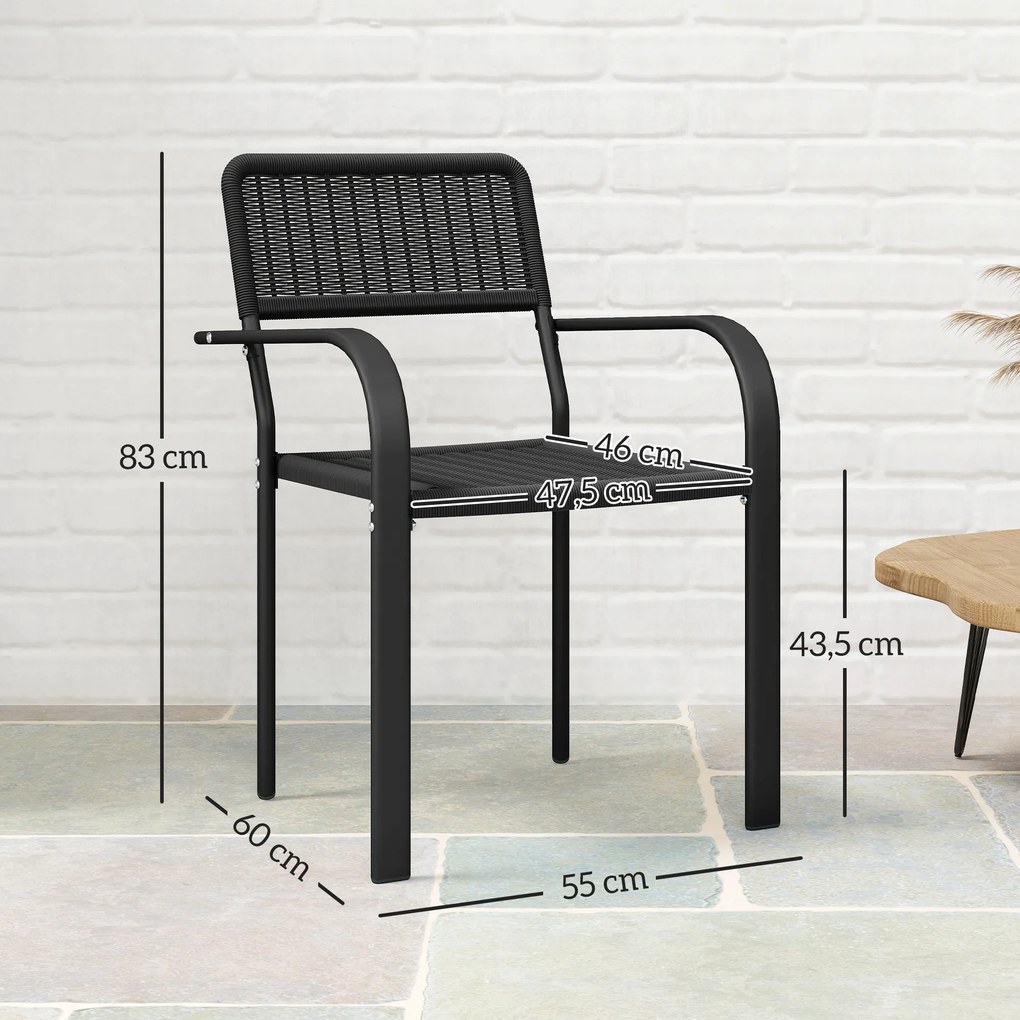 Conjunto de 4 Cadeiras de Jardim Exterior Empilháveis (MESA NÃO INCLUIDA) com Apoios de Braços Encosto e Estrutura de Aço 55x60x83 cm Preto