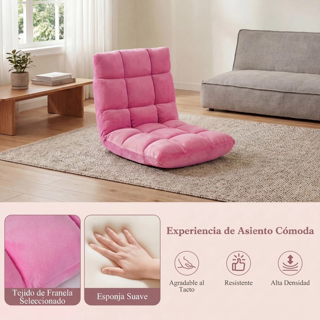 Cadeira de Chão Dobrável, 104 x 53 x 15 cm, Encosto Ajustável em 14 Posições, Rosa