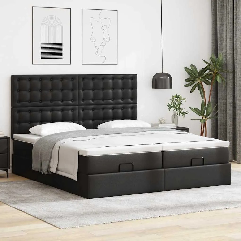 Cama otomana com colchões&amp;LEDs 160x200cm couro artificial preto