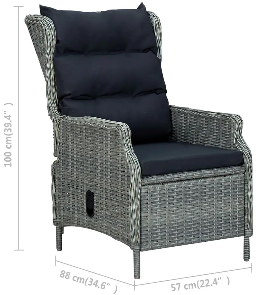 Cadeira jardim reclinável c/ almofadões vime PE cinzento-claro