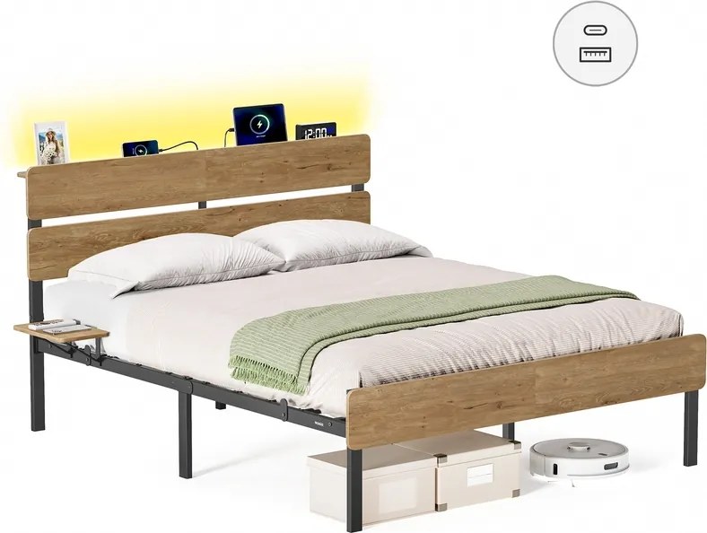 Estrutura de cama de casal 140 x 200 cm com iluminação (COLCHÃO NÃO INCLUIDO) castanho natural