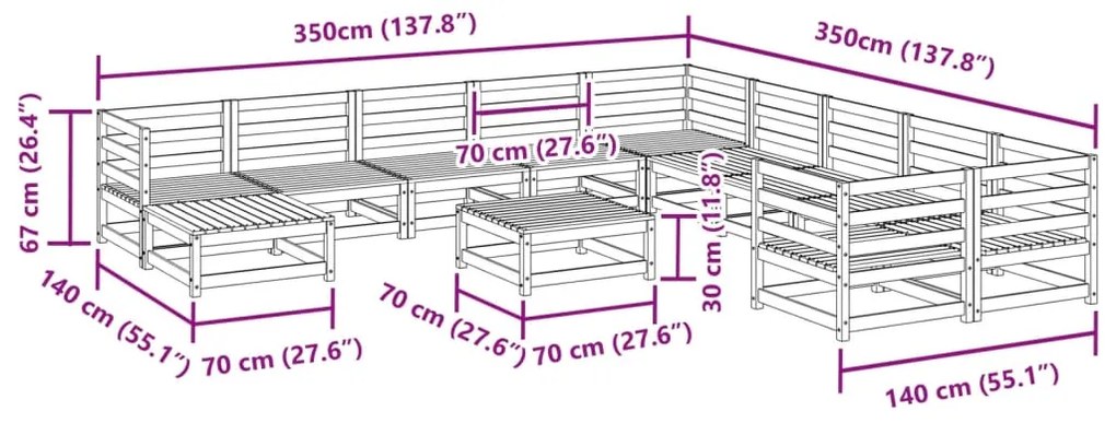 12 pcs conjunto sofás de jardim madeira de pinho maciço
