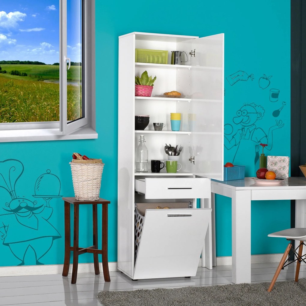 Armário Multiusos com Cesto "Wanna" - Branco - 52x187x38 cm - Design M