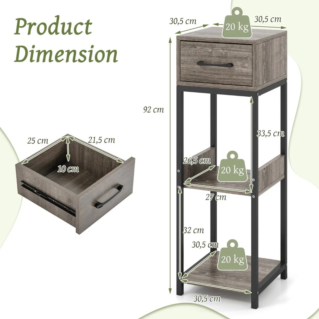 Estante metálica para plantas com 3 níveis de altura e gaveta antiderrapante Estante vertical de canto Cinzento