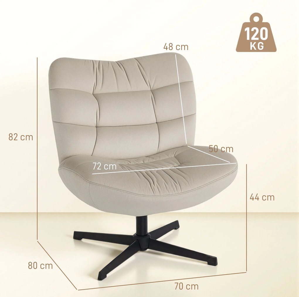 Poltrona giratória de sala, cadeira estofada em chenille sem braços, assento e encosto largos, 70 x 80 x 82 cm, creme