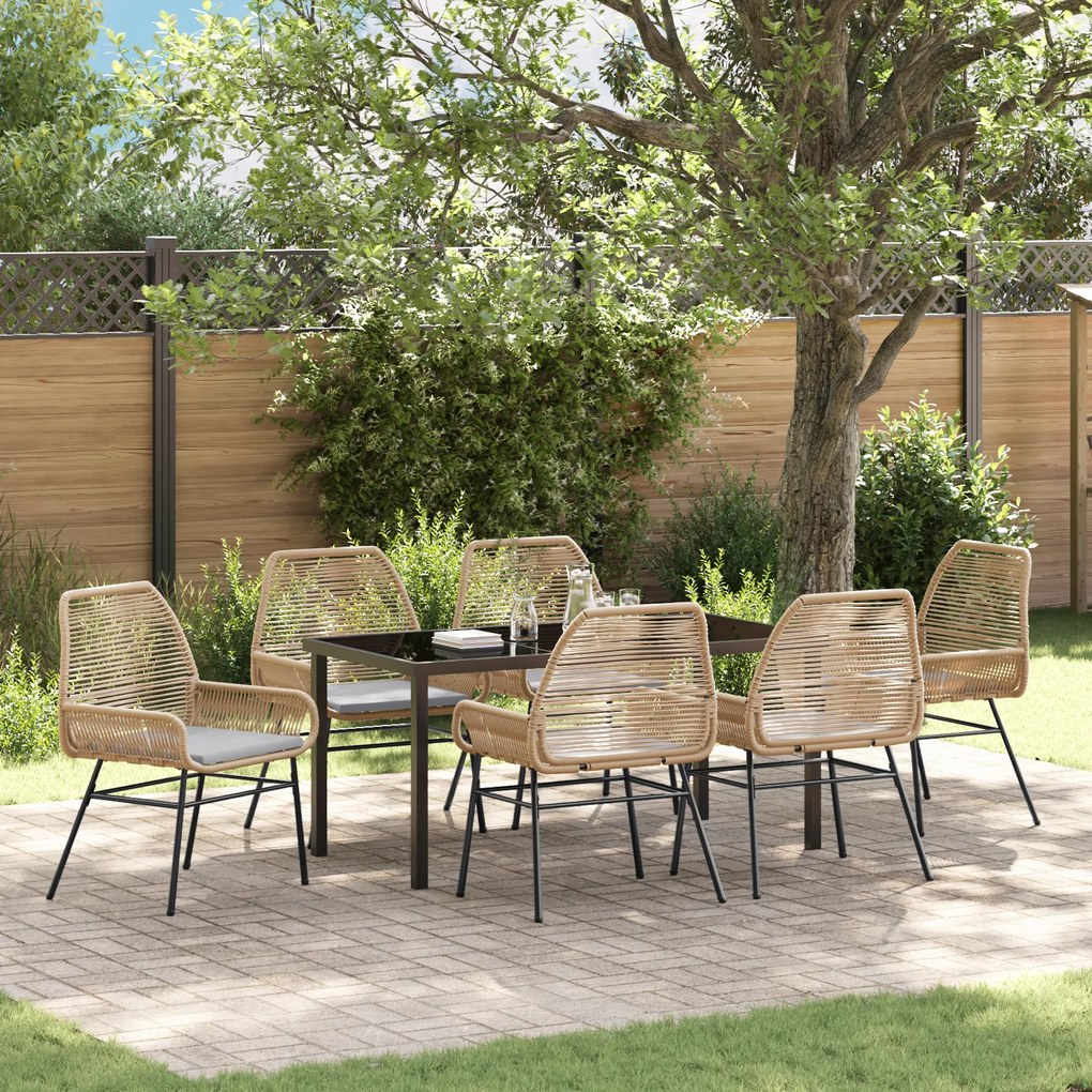 vidaXL Conjunto de Jantar de Jardim de 7 peças com Almofadas Castanho Vime PE
