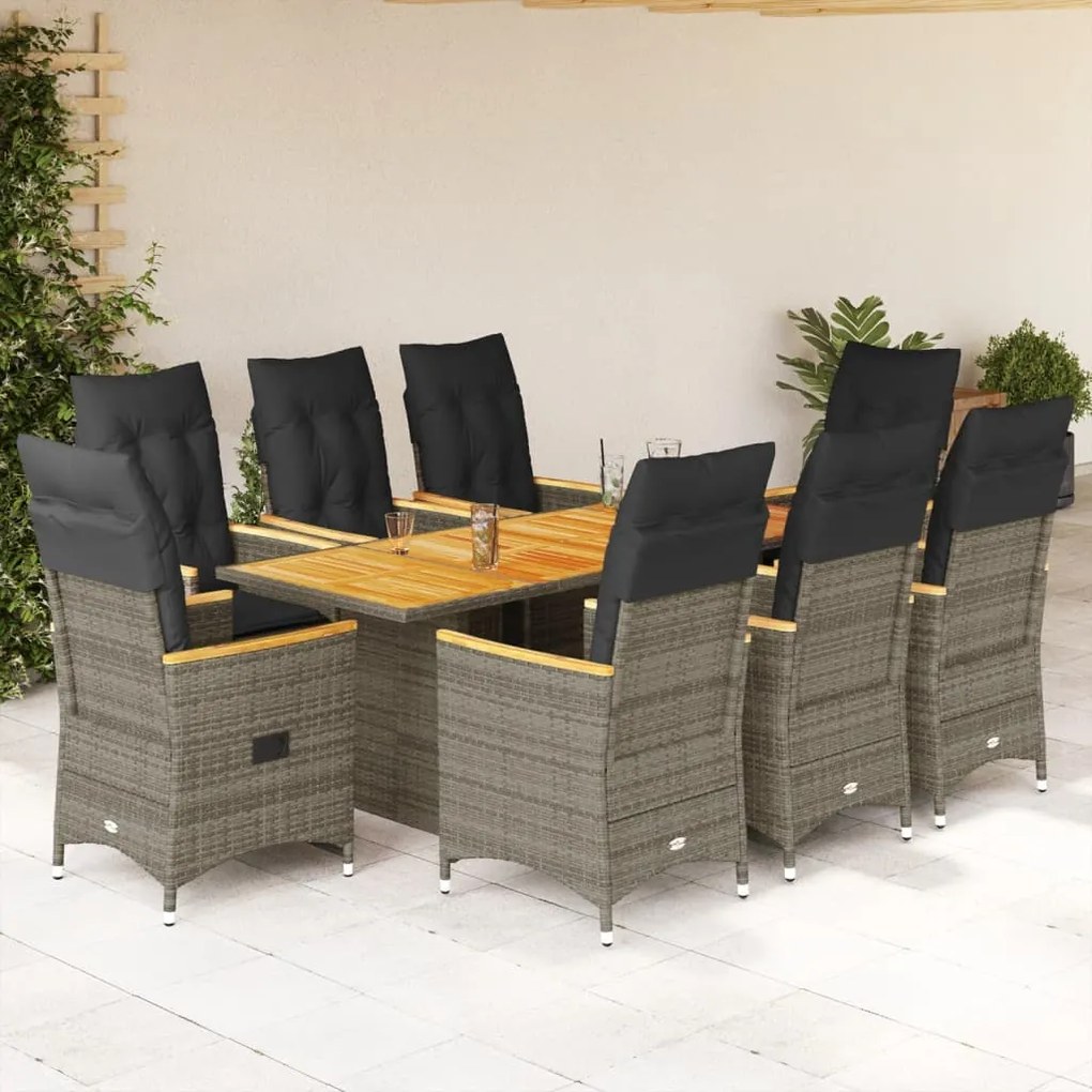 9 pcs conjunto de jantar p/ jardim c/ almofadões vime PE cinza