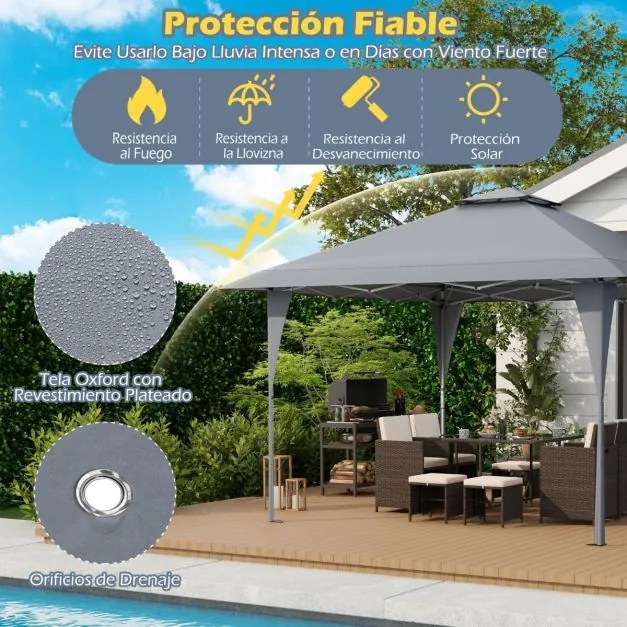 Tenda Pop Up 390 x 390 cm, com bolsa de transporte portátil, 8 estacas, 4 cordas de vento para pátio, jardim, acampamento cinza