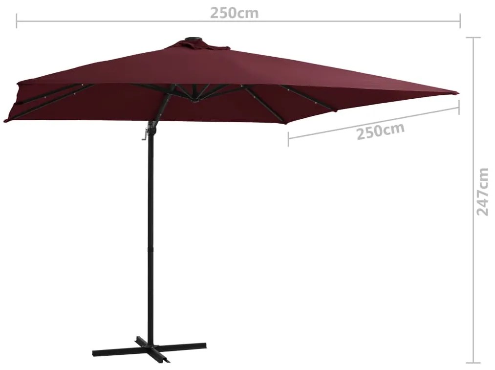 Guarda-sol de jardim cantilever c/ luzes LED 250x250 cm bordô
