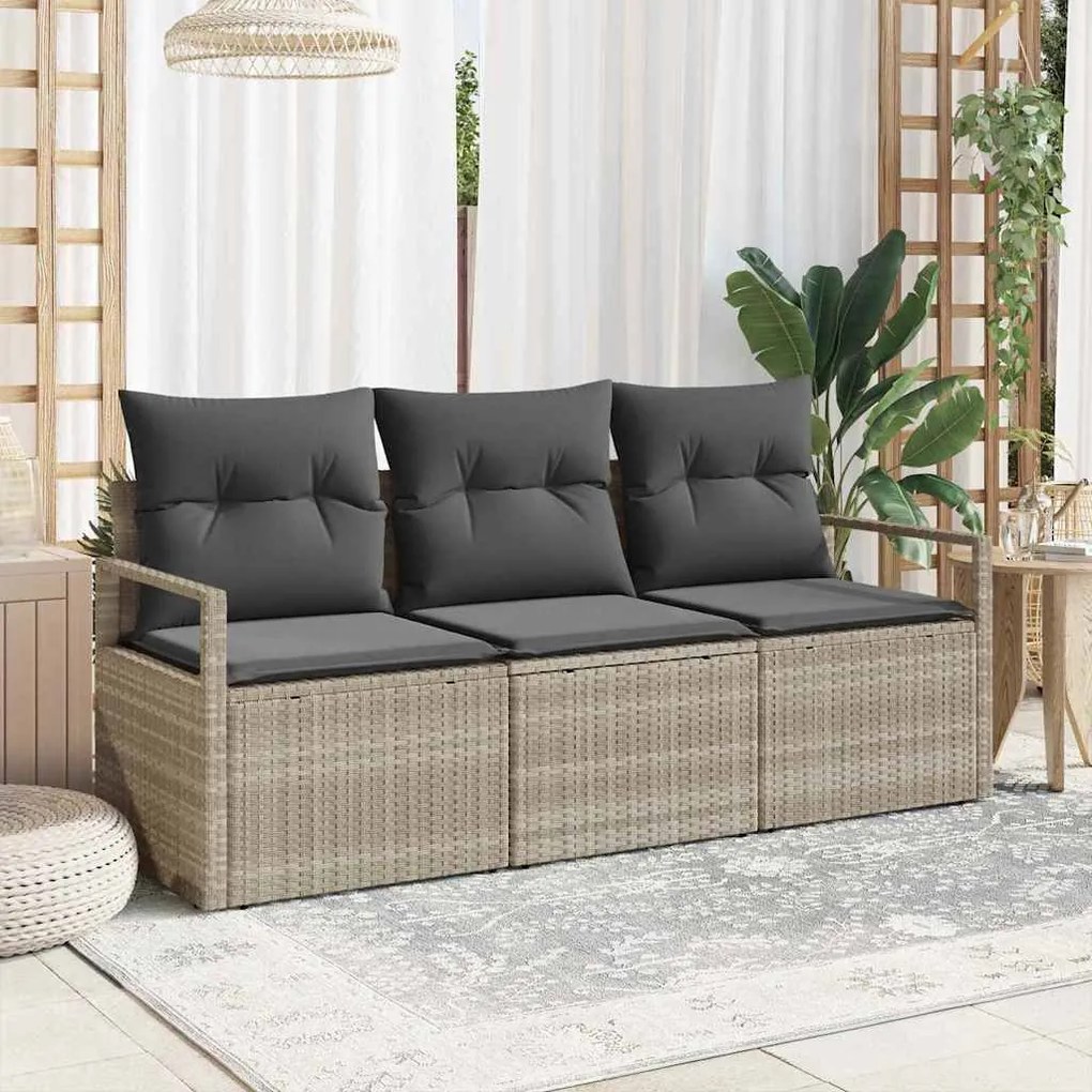 vidaXL Sofa de Jardim de 3 Peças com Almofadas Cinza Claro em Rattan Sintético