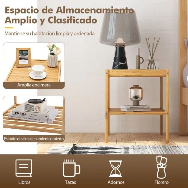 Conjunto de 2 mesas de cabeceira de bambu Mesa de apoio de 2 níveis com Estante compacta para sala de estar Quarto 40 x 40 x 45 cm Natural