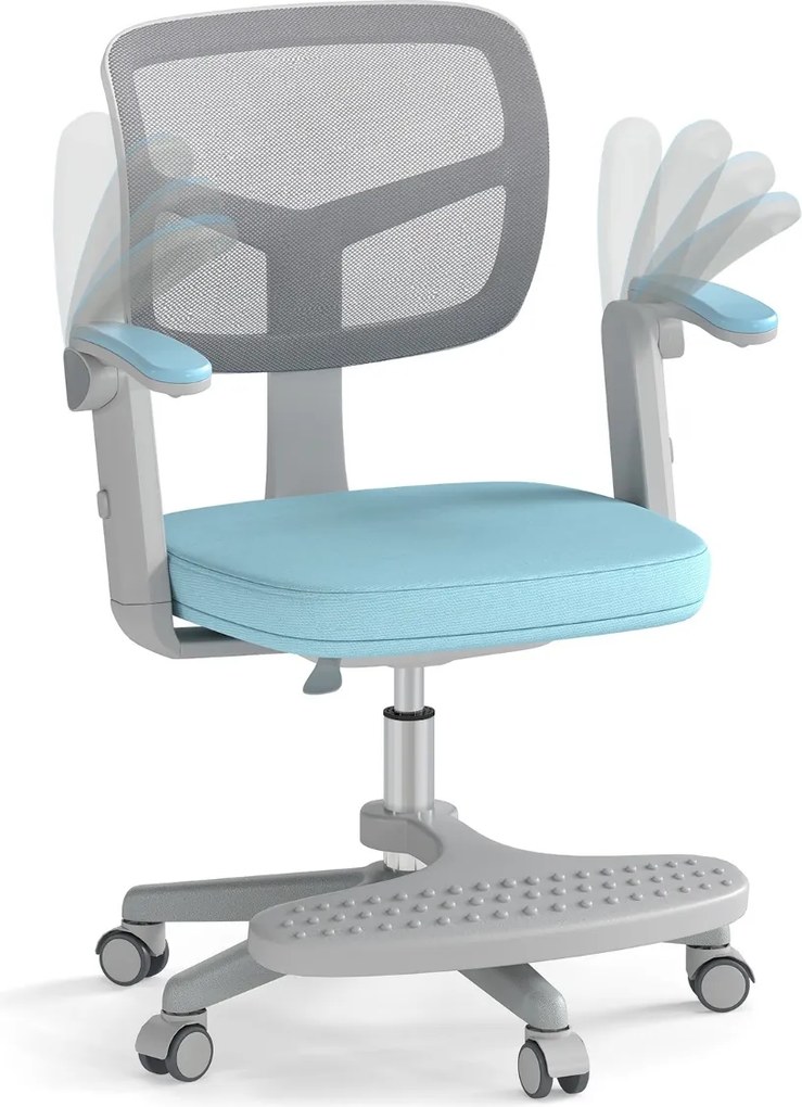 Cadeira de escritório para crianças com apoios de braços, apoio para os pés e rodas universais com altura ajustável 57 x 55 x 80-91 cm Azul