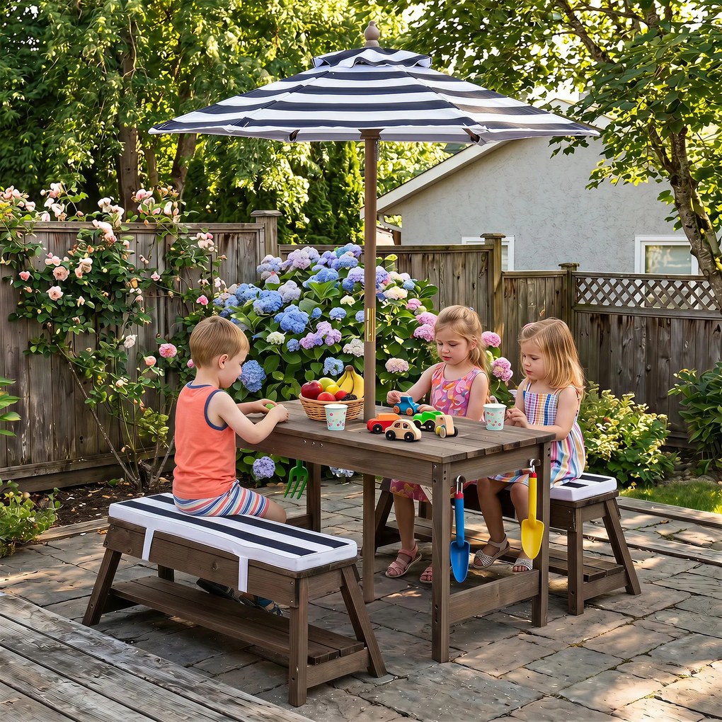 Conjunto de Mesa Infantil com 2 Bancos e Sombrinha, 89 x 44 x 50 cm, Sombrinha Regulável em 3 Posições, Azul