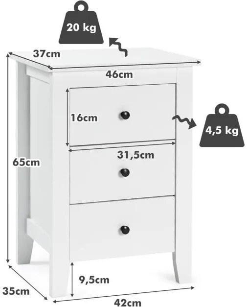 Mesa de cabeceira em madeira com 3 gavetas resistentes e espaçosas, estilo moderno, 46 x 37 x 65 cm, branca
