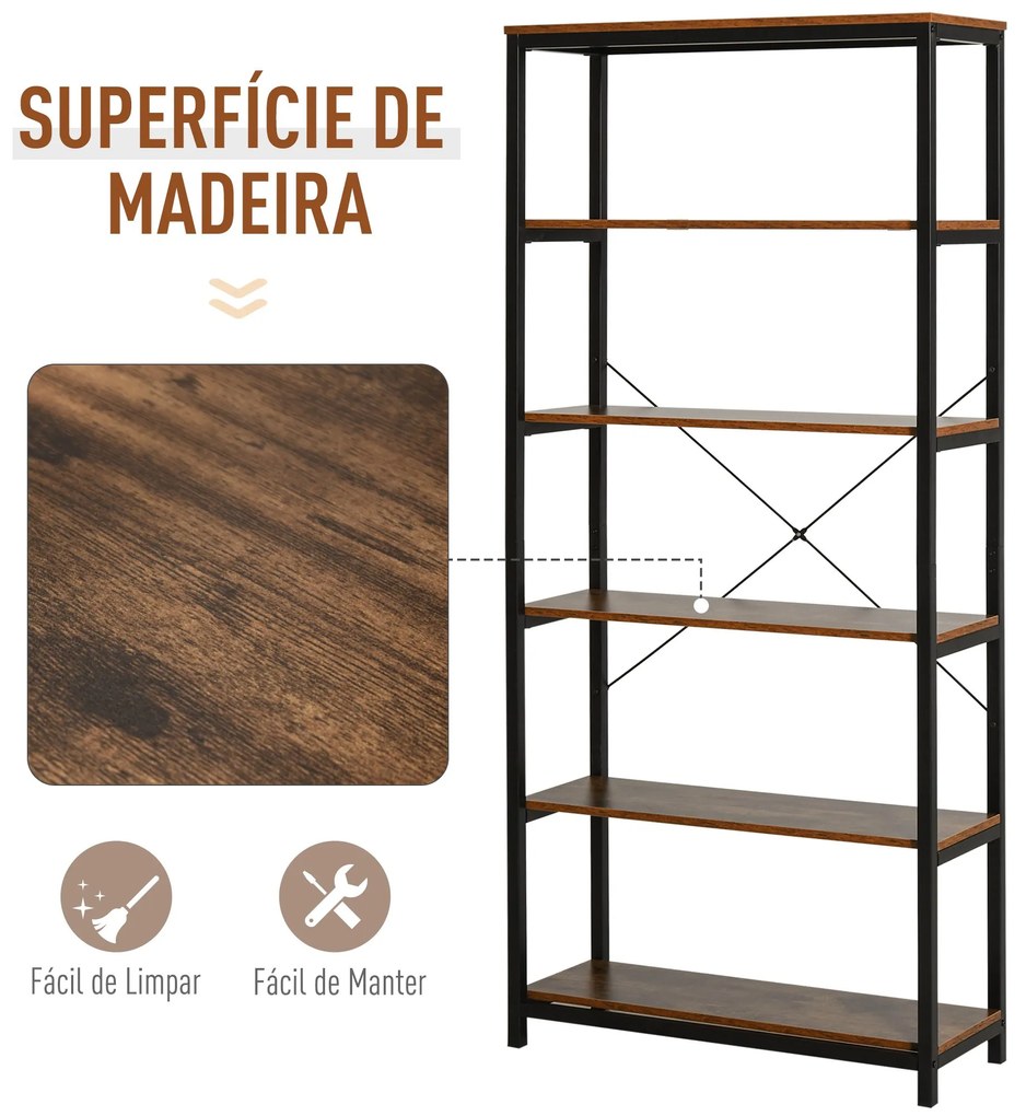 Estante estilo industrial com 6 prateleiras abertas para sala de estar Escritório 80x30x180 cm Castanho Rústico