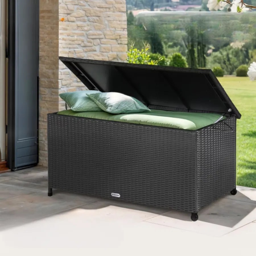 Caixa exterior para almofadas Polyrattan 117x53x60cm com Pegas Preto
