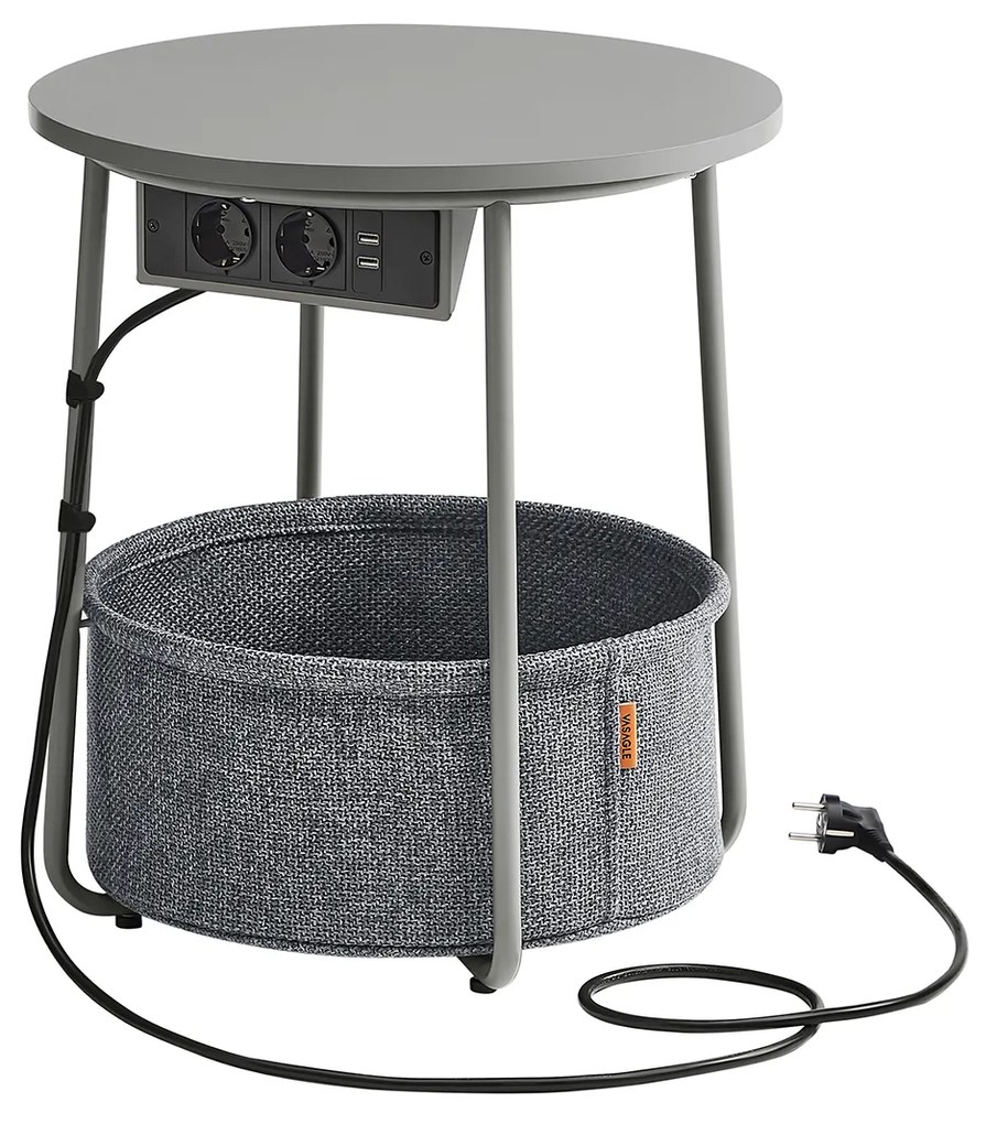VASAGLE Tavolino, Tavolino Rotondo com Stazione di Ricarica e Cestino in Tessuto, Spazioso, per Soggiorno Camera da Letto, Comodino, Stile Moderno, Grigio Tortora e Grigio Ardesia LET228G02