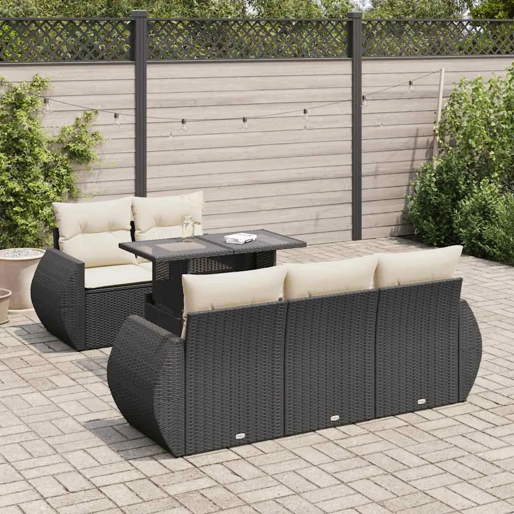 6 pcs conjunto sofás de jardim c/ almofadões vime PE preto