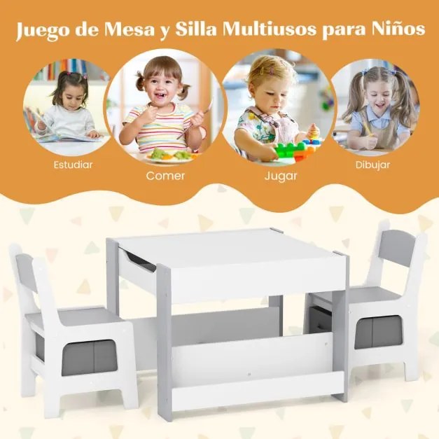 Conjunto de mesa e cadeira para crianças Mesa de actividades 4 em 1 para crianças com tampo reversível Estantes e caixas Cinzento