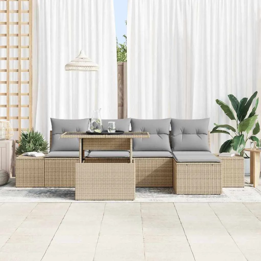 Sofá de Jardim com 6 Peças e Almofadas Beige em Rattan Sintético